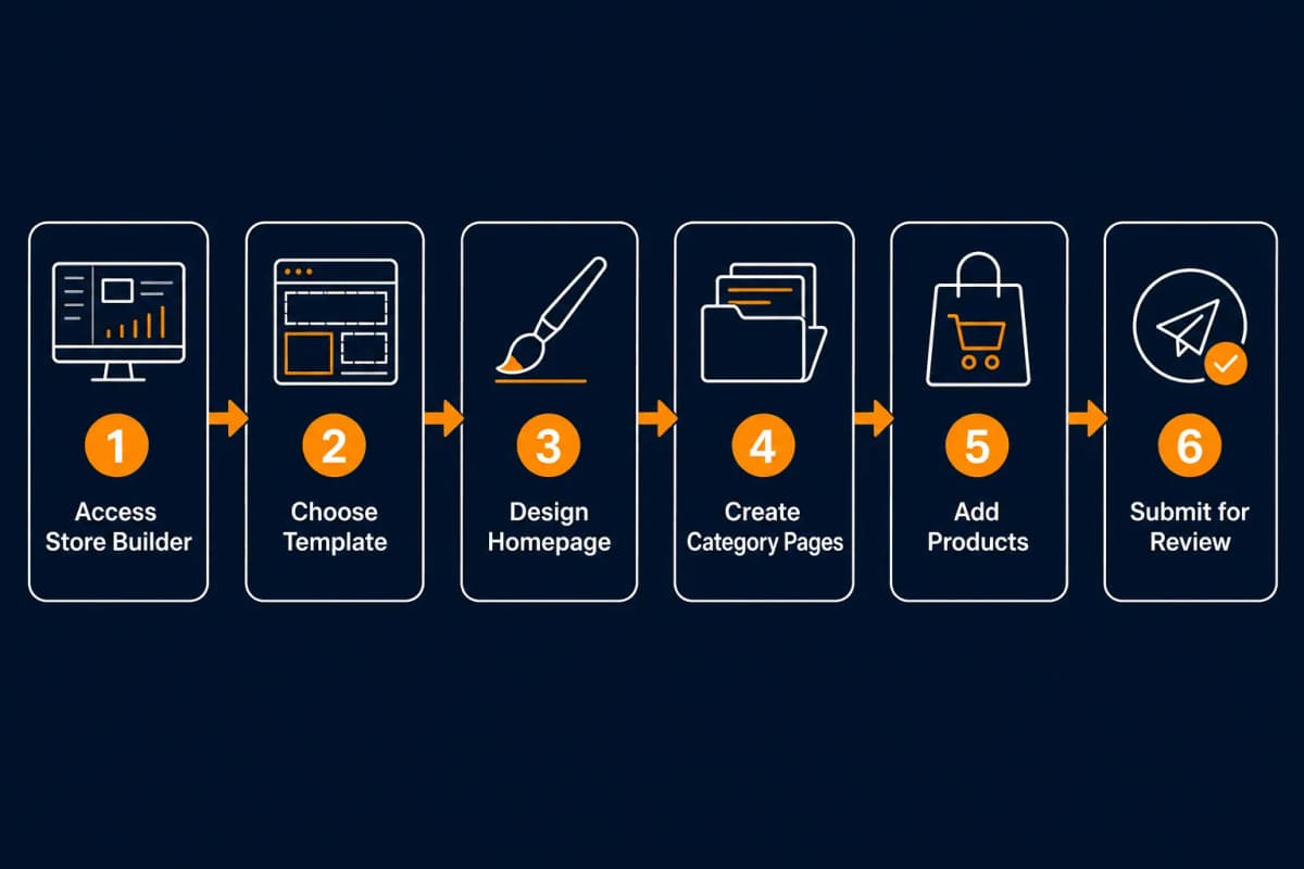 6 Steps to Create an Amazon Storefront - Access Builder, Choose Template, Design Homepage, Create Categories, Add Products, Submit for Review