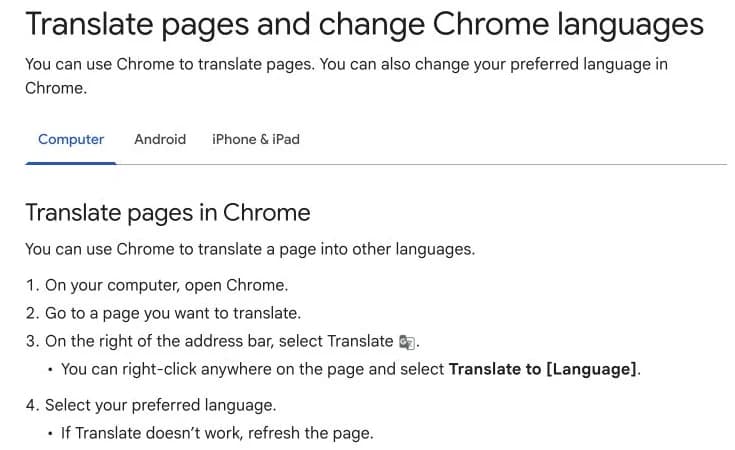 Google Chrome Help showing the official instructions for translating webpage text