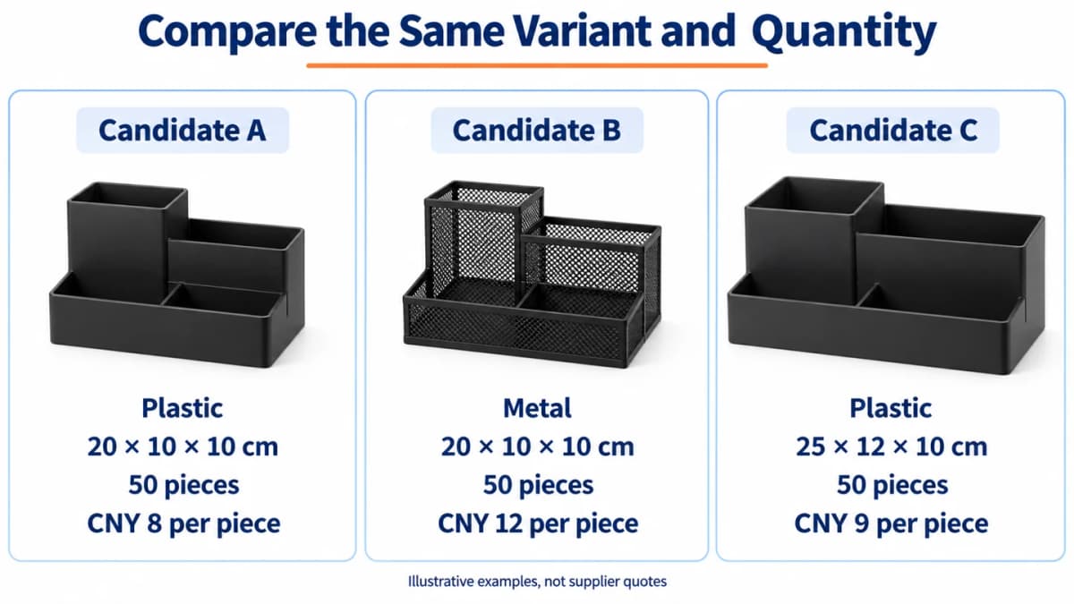Illustrative 1688 product comparison showing differences in material, dimensions, and unit price