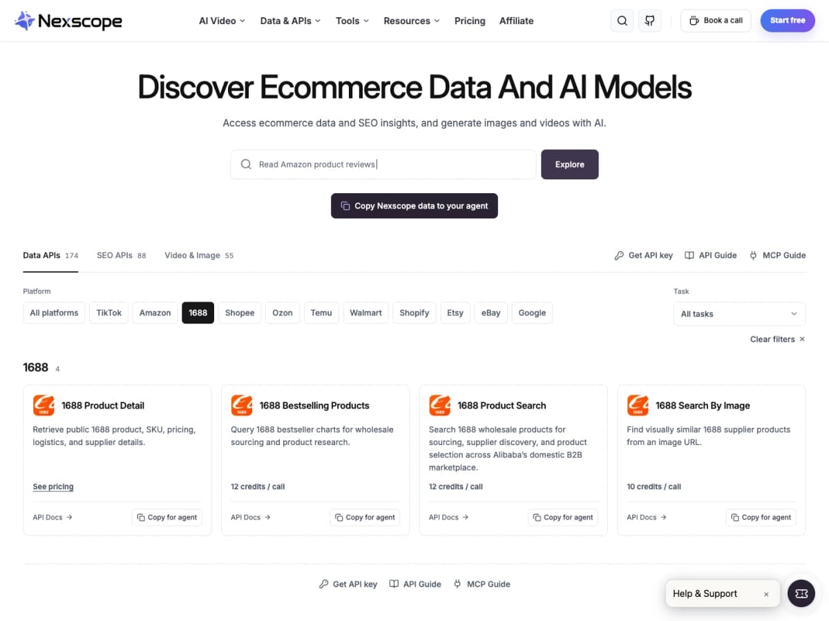 Nexscope 1688 API Docs showing product search, image search, product detail, and product billboard interfaces