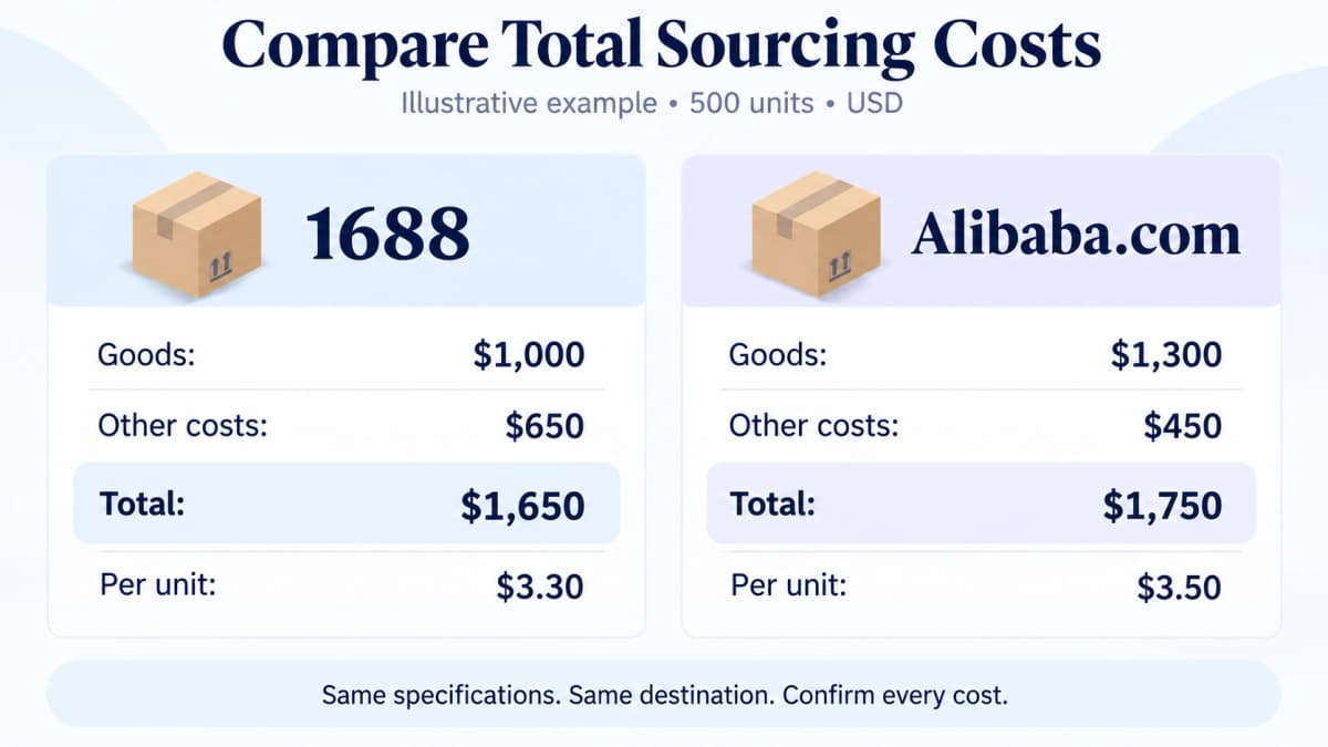 Illustrative 1688 vs Alibaba cost comparison for 500 units, including goods and other sourcing costs