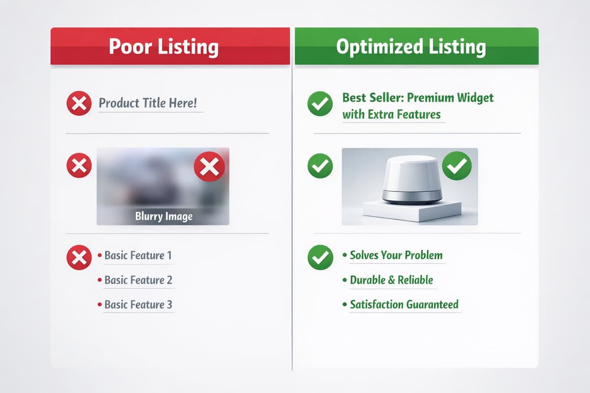 Comparison of bad listing vs optimized listing showing keyword-rich titles, professional images, and benefit-focused bullet points