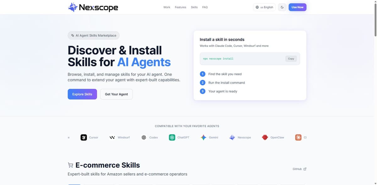 Nexscope SkillHub - AI Agent Skills Marketplace with 200+ skills for e-commerce and Amazon sellers