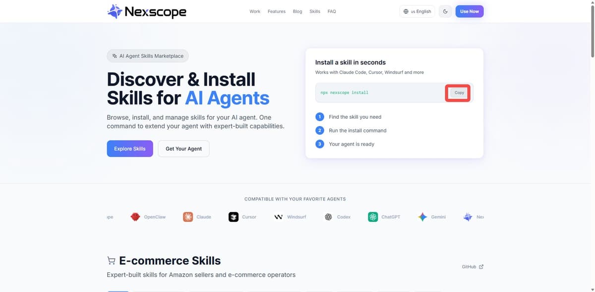 Nexscope SkillHub homepage showing AI Agent Skills Marketplace with one-command installation