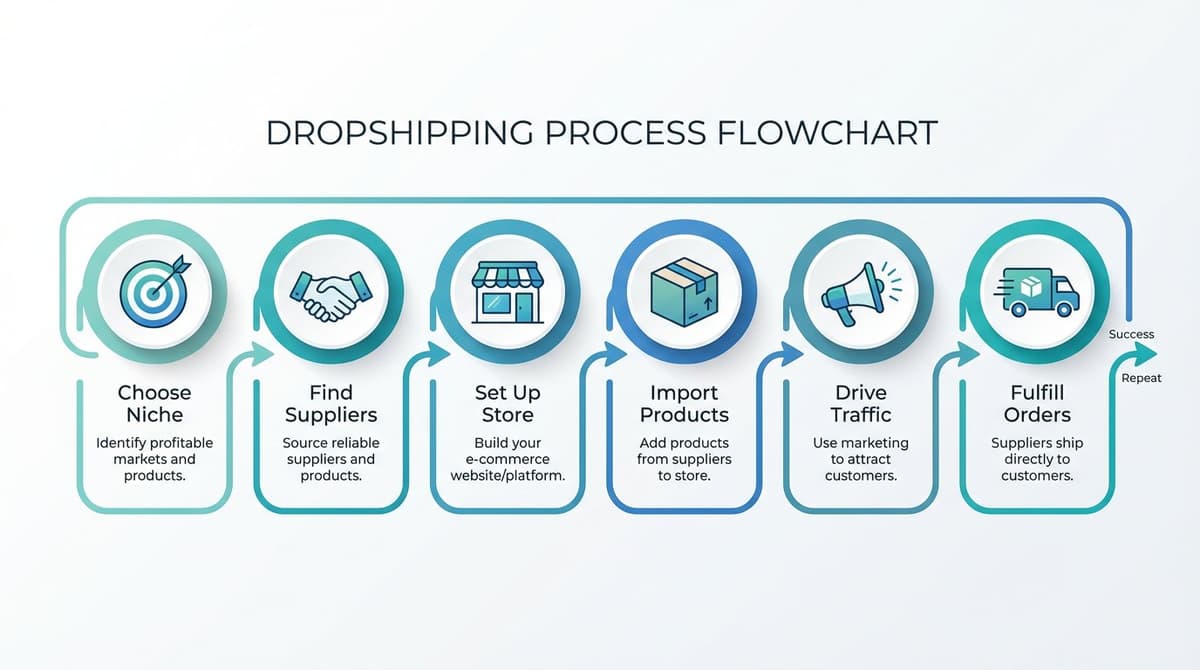 Dropshipping process flowchart showing 6 steps: Choose Niche, Find Suppliers, Set Up Store, Import Products, Drive Traffic, Fulfill Orders
