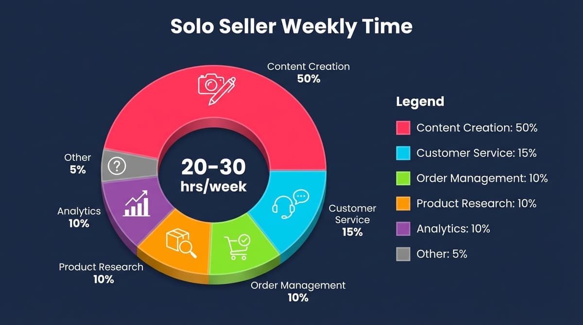 Solo seller weekly time allocation: Content 50%, Customer Service 15%, Orders 10%, Research 10%