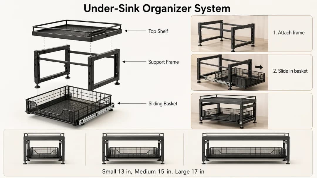 GPT Image 2 Amazon A+ infographic module for under-sink organizer showing exploded view, installation steps, and size comparison