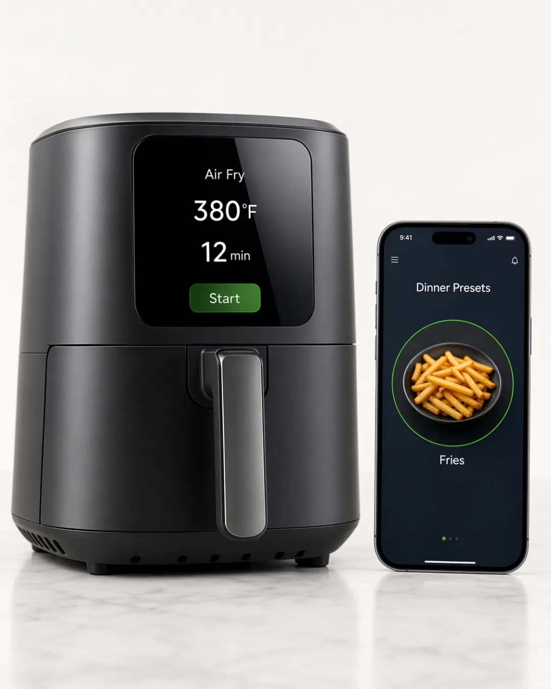 GPT Image 2 smart air fryer with screen display and mobile app UI showing synchronized controls and accurate text rendering