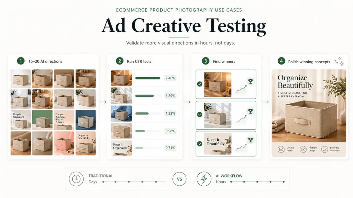 GPT Image-2 ecommerce product photography - ad creative testing workflow with CTR validation