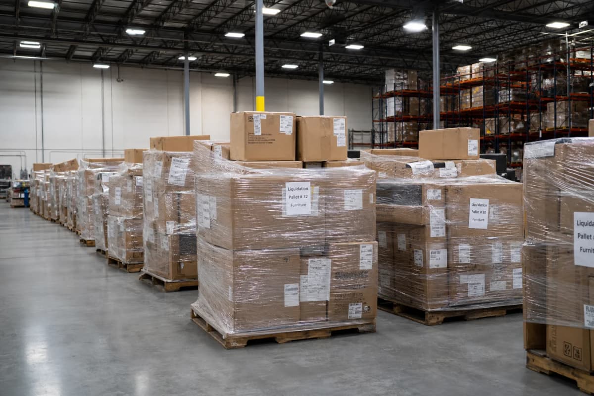 Warehouse with stacked Amazon liquidation pallets wrapped in plastic and ready for shipping