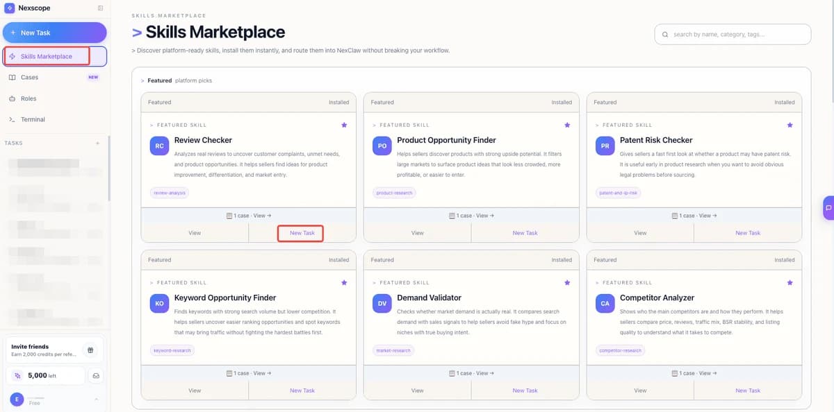 Nexscope Skills Marketplace with featured skills