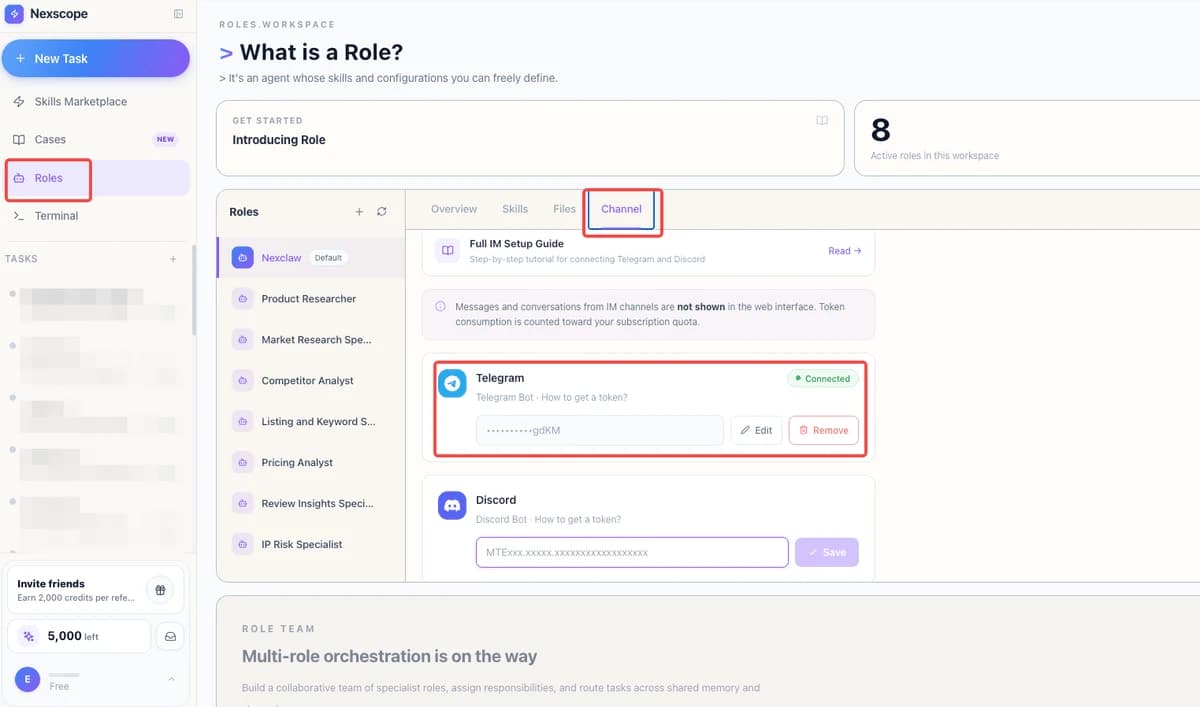 Nexscope Telegram integration setup - connect your role to Telegram