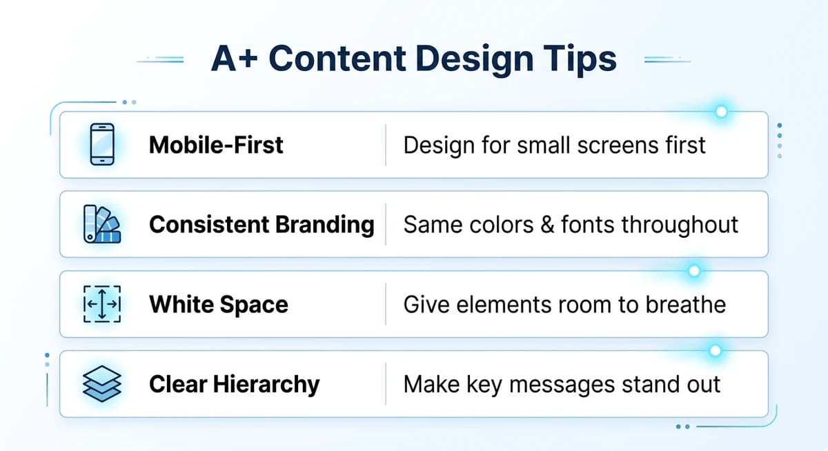 A+ Content design tips - Mobile-First, Consistent Branding, White Space, Clear Hierarchy