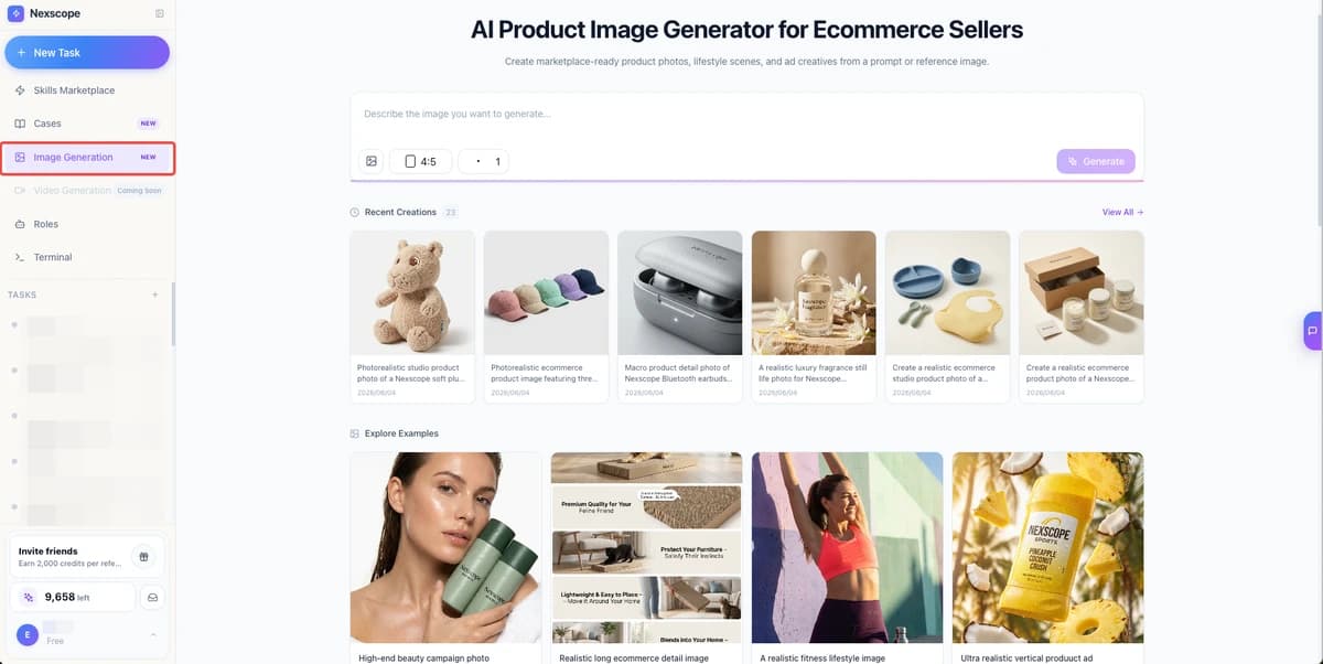 Nexscope AI Product Image Generator - create lifestyle images, product photos, and infographics