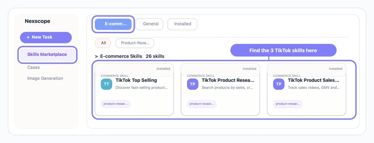 Nexscope Skills Marketplace showing where to find TikTok Top Selling, TikTok Product Research and TikTok Product Sales Tracker