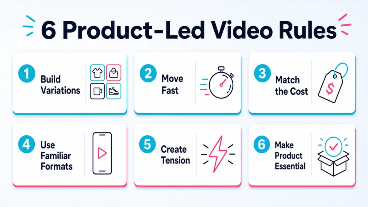 Six product-led TikTok video rules covering volume, speed, cost, format, tension, and product role