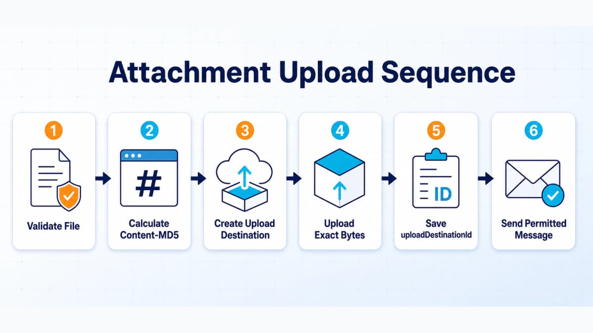 Amazon Messaging API attachment flow using Content-MD5, a presigned upload URL, and uploadDestinationId