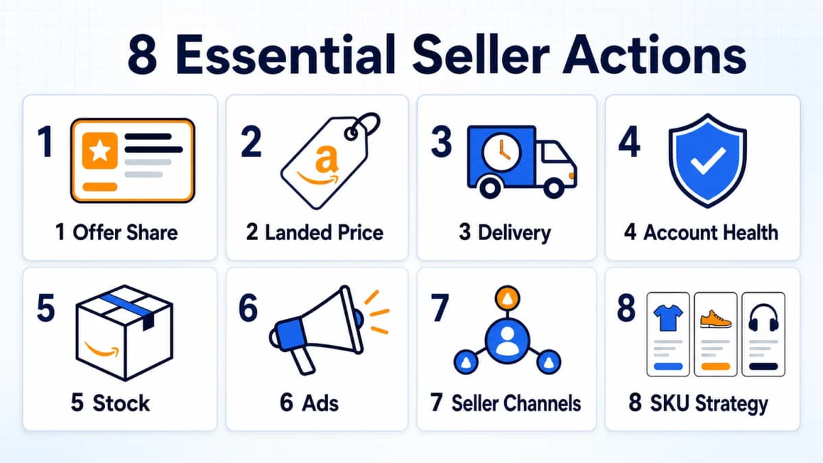 Eight Amazon seller actions covering offer share, price, delivery, performance, stock, ads, channels, and SKU strategy