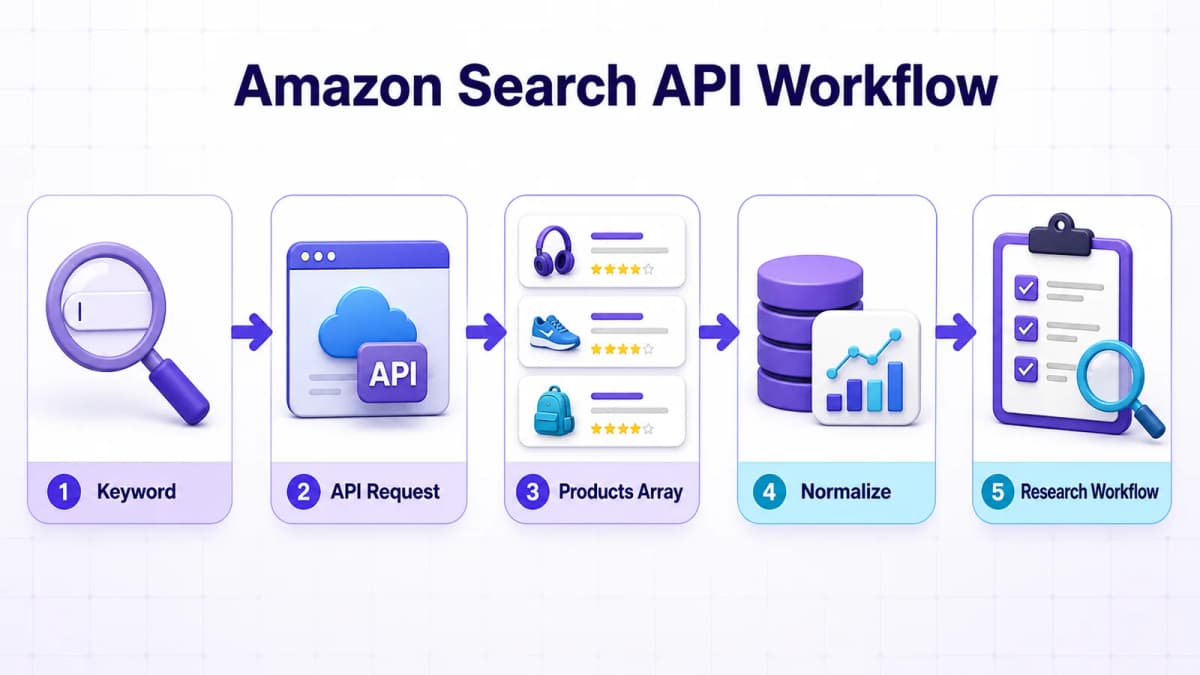 Amazon Search API workflow from keyword and request through products array, normalization, and research