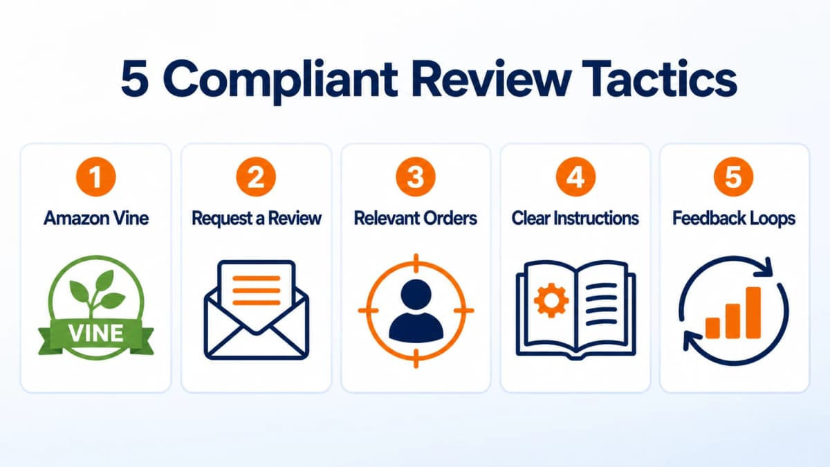 Five compliant Amazon review tactics covering Vine, requests, orders, instructions, and feedback analysis