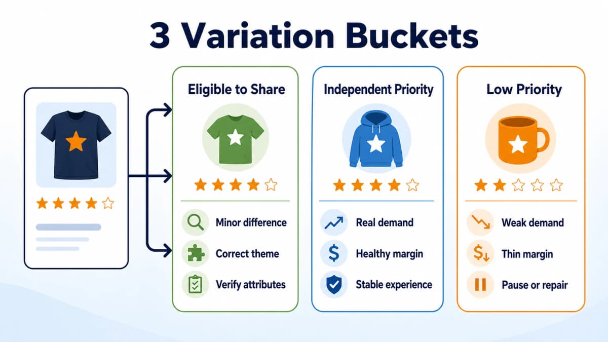 Three Amazon child ASIN buckets for shared reviews, independent growth, and paused investment