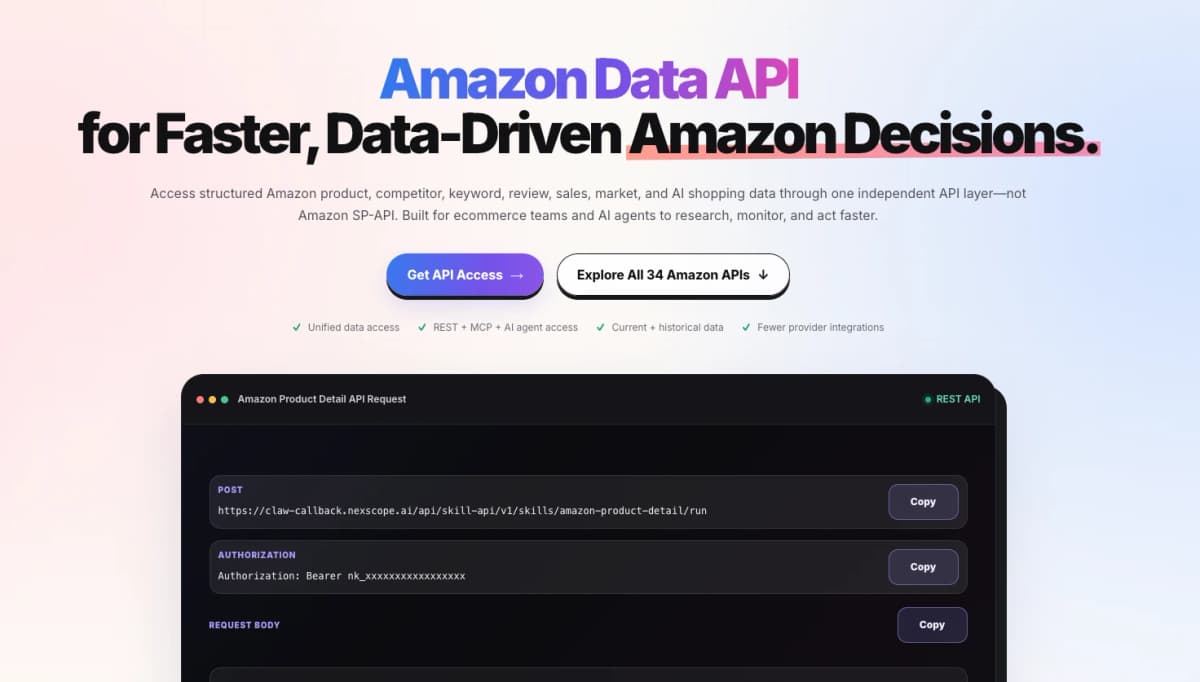 Nexscope Amazon Data API page showing Amazon product, keyword, review, sales, and market capabilities