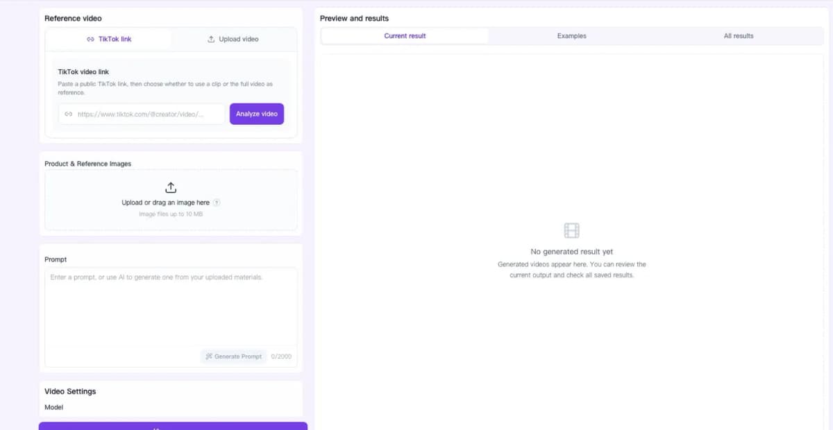 Nexscope Video Clone interface for turning an authorized TikTok reference into a product video
