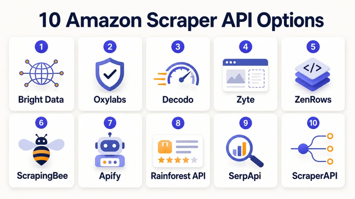 Overview of 10 Amazon scraper API tools including Bright Data, Oxylabs, Zyte, Apify, and others