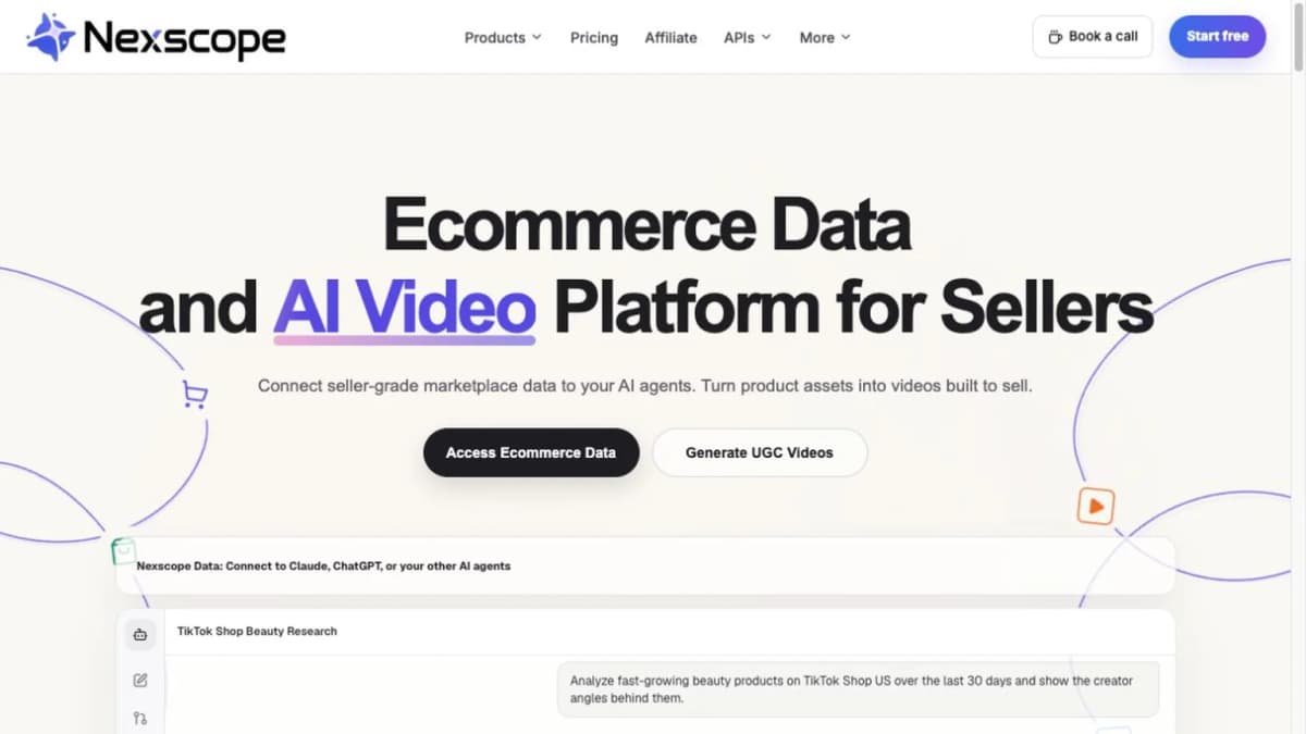 Nexscope homepage showing ecommerce data and AI video capabilities for helping Shopify stores scale