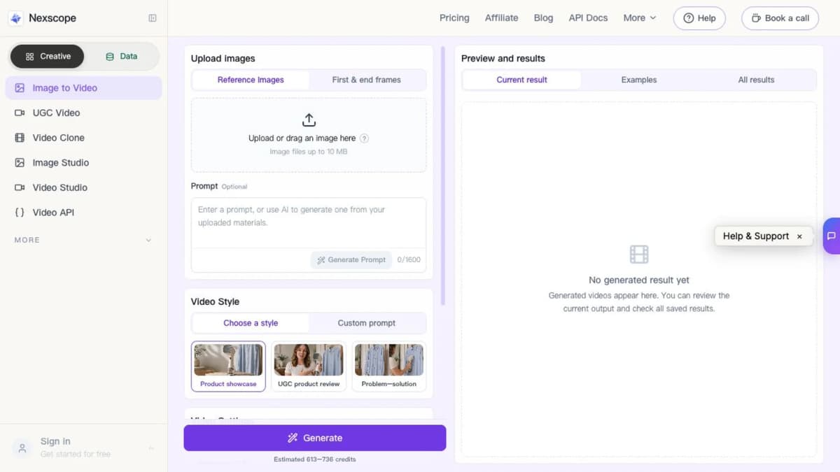Nexscope Image to Video interface for turning Shopify product images into ecommerce video variations