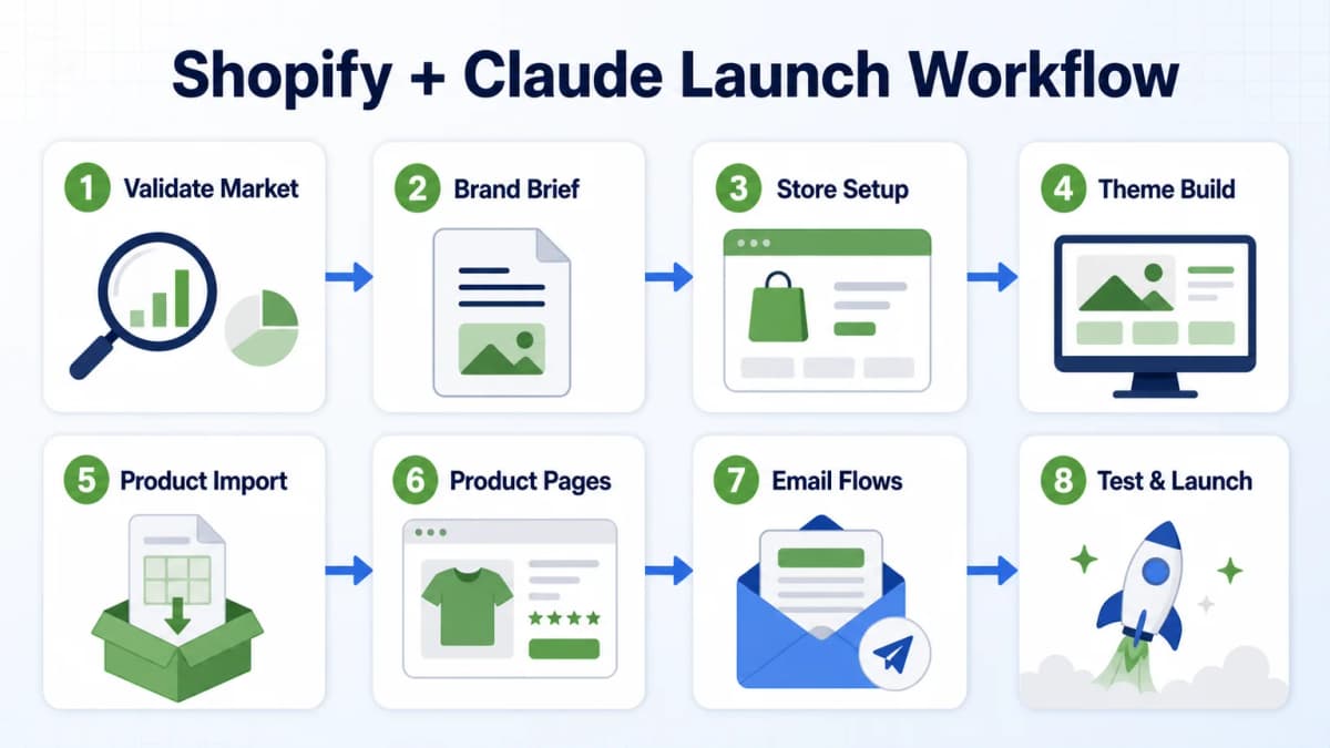 Shopify and Claude launch workflow from market validation and brand brief to product import, emails, and testing