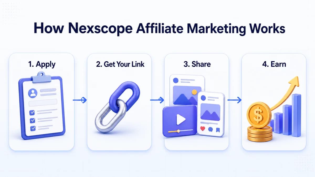 Influencer affiliate marketing workflow from application and referral link to sharing and earning