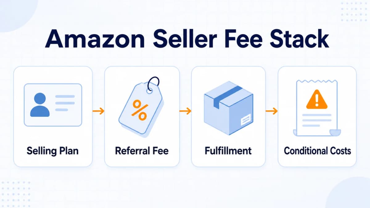 Amazon seller fee stack showing selling plan, referral fee, fulfillment, and conditional costs