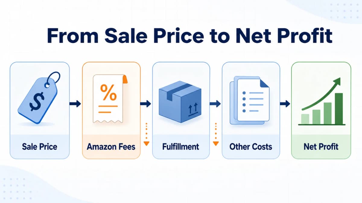Amazon seller workflow from sale price through fees, fulfillment, other costs, and net profit