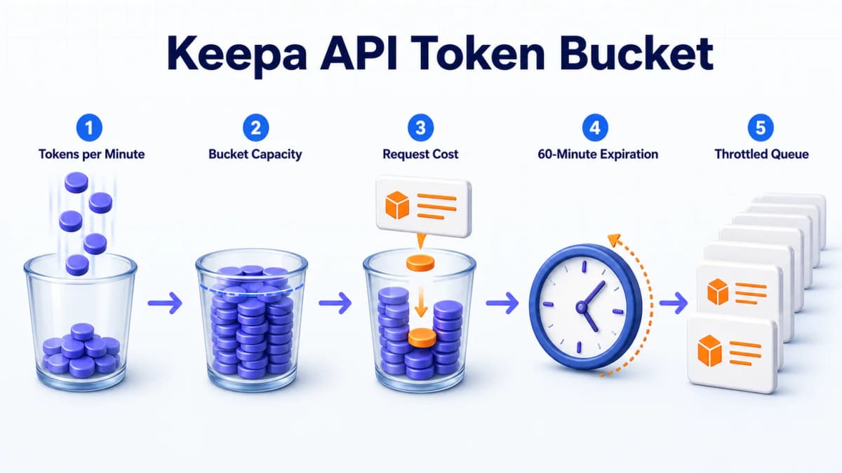 Keepa API token bucket showing refill rate, expiration, request costs, and burst capacity