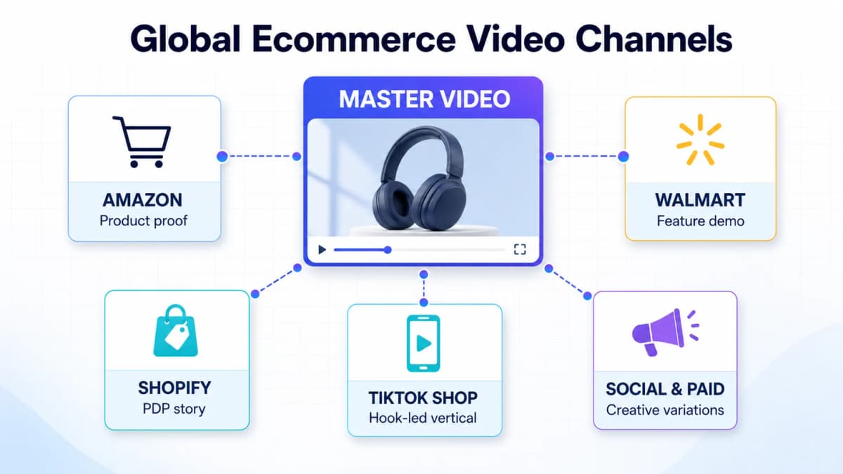 Global ecommerce video channels adapting one master video for Amazon, Shopify, TikTok Shop, Walmart, and paid social