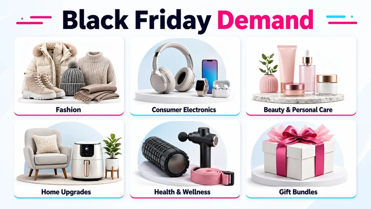 Black Friday demand categories including fashion, electronics, beauty, home upgrades, wellness, and gift bundles