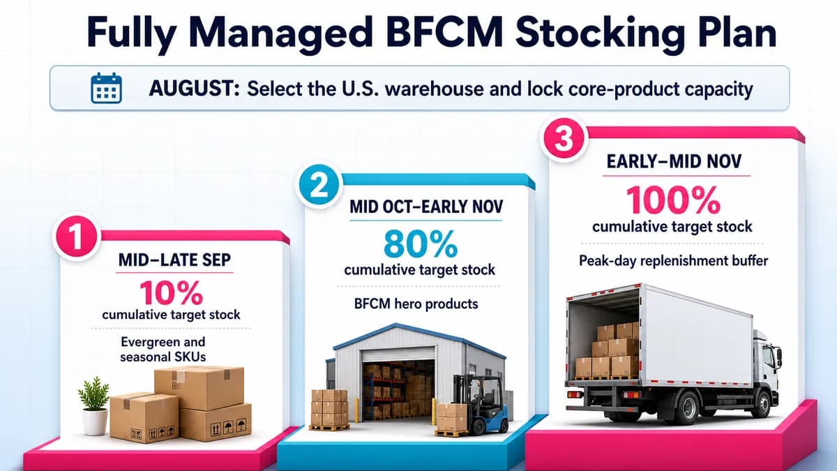 Fully managed BFCM stocking plan showing 10, 80, and 100 percent cumulative inventory targets