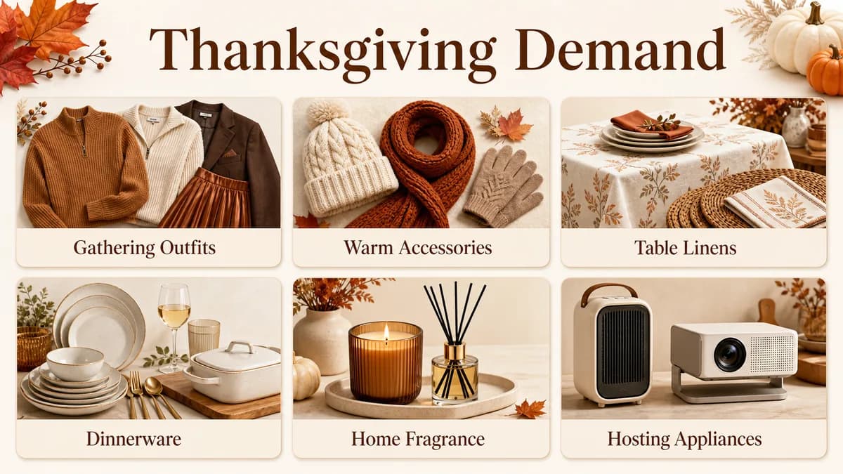 Thanksgiving demand categories for gathering outfits, warm accessories, table linens, dinnerware, fragrance, and appliances