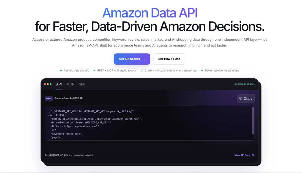 Nexscope Amazon Data API interface for structured product and market research