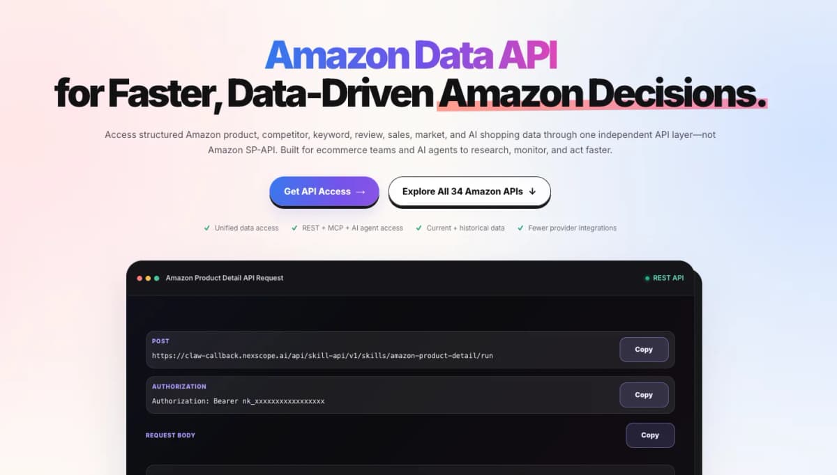 Nexscope Amazon Data API for structured product, keyword, review, sales, and competitor research