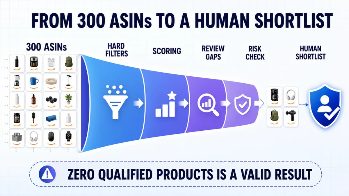 Amazon product research funnel screening 300 ASINs into a human review shortlist