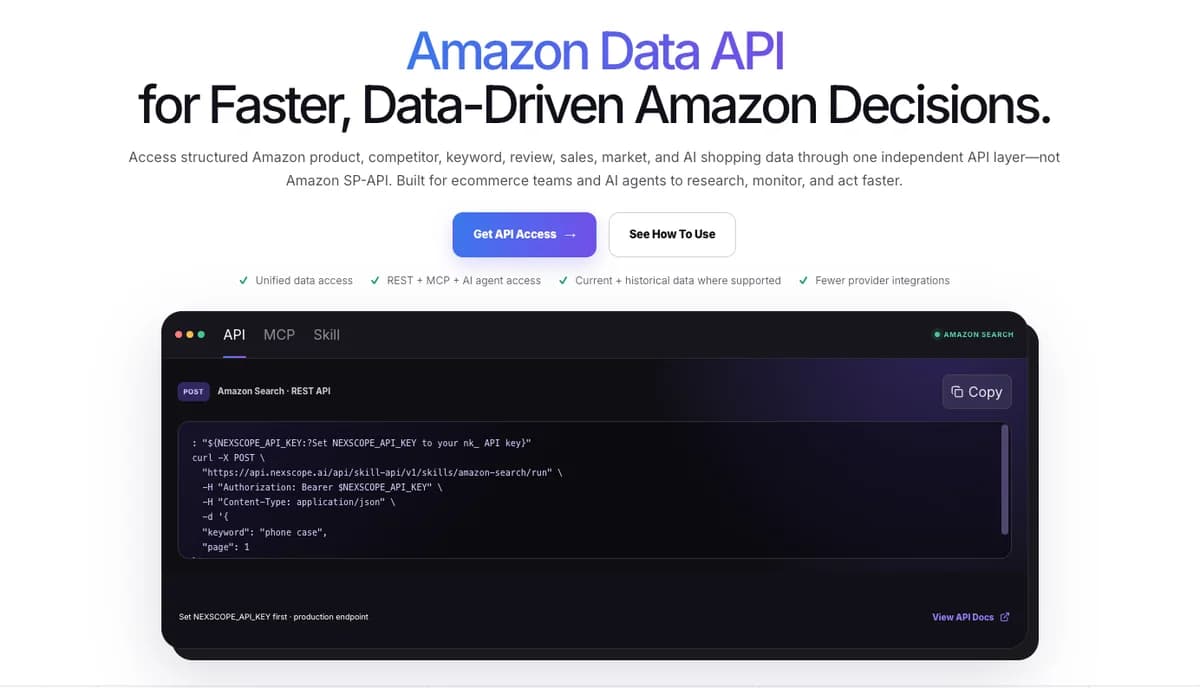 Nexscope Amazon Data API page showing REST and MCP access for ecommerce research workflows
