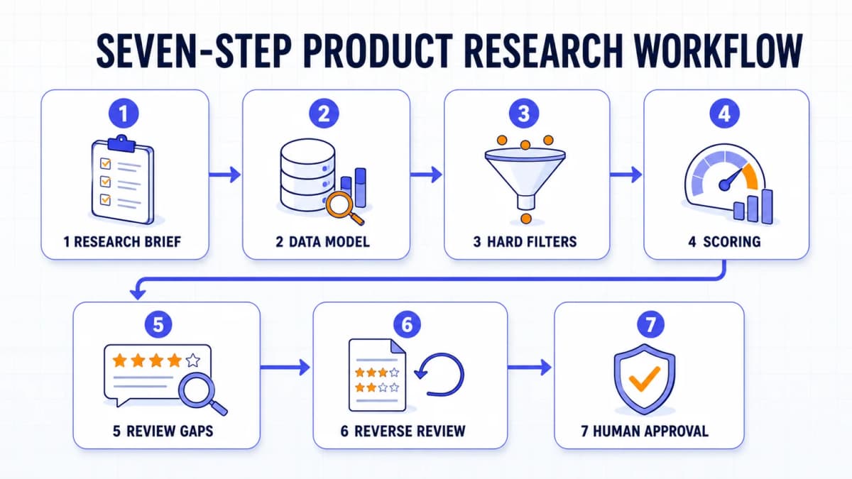 Seven-step Amazon product research workflow from research brief to human approval