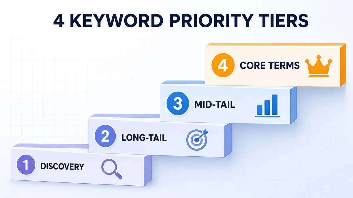 Four Amazon keyword priority tiers from discovery terms to core category keywords