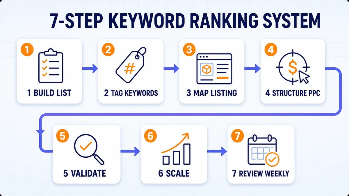 Seven-step Amazon keyword ranking system from research to weekly review