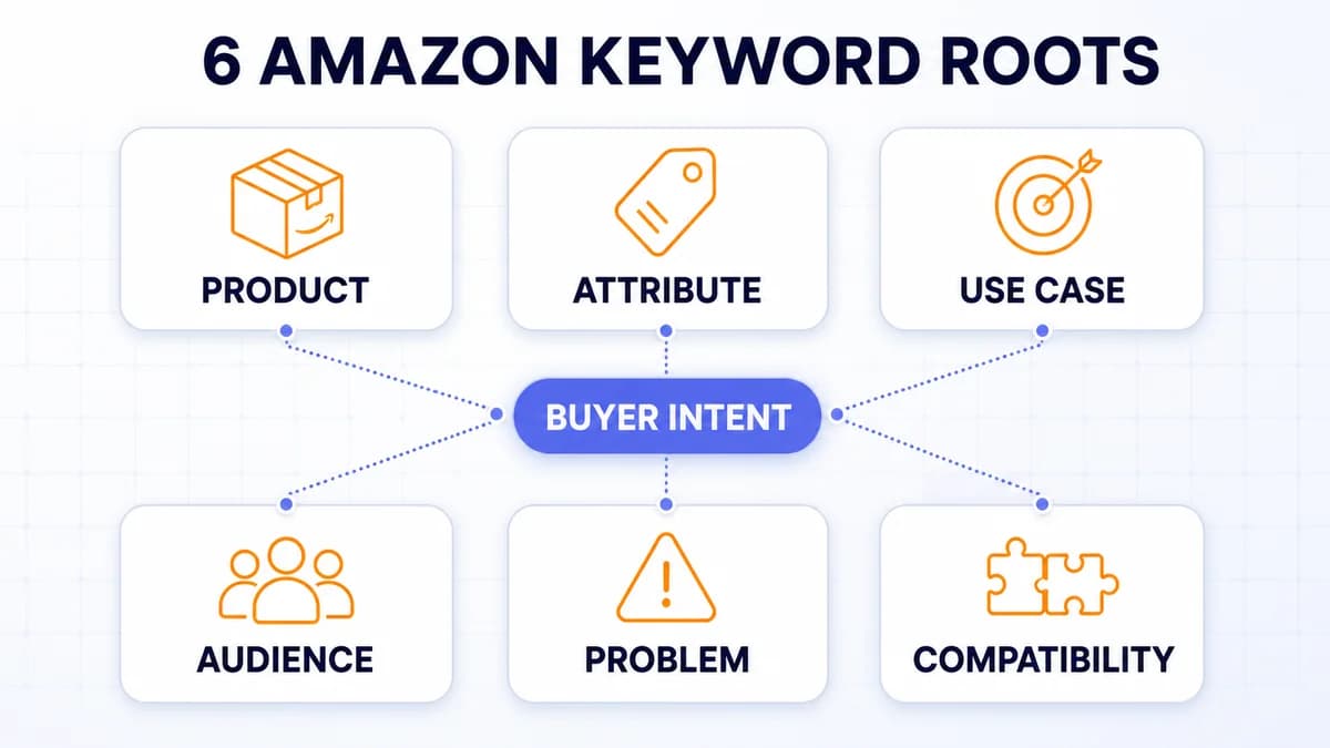 Six Amazon keyword roots grouped by buyer intent for keyword clustering