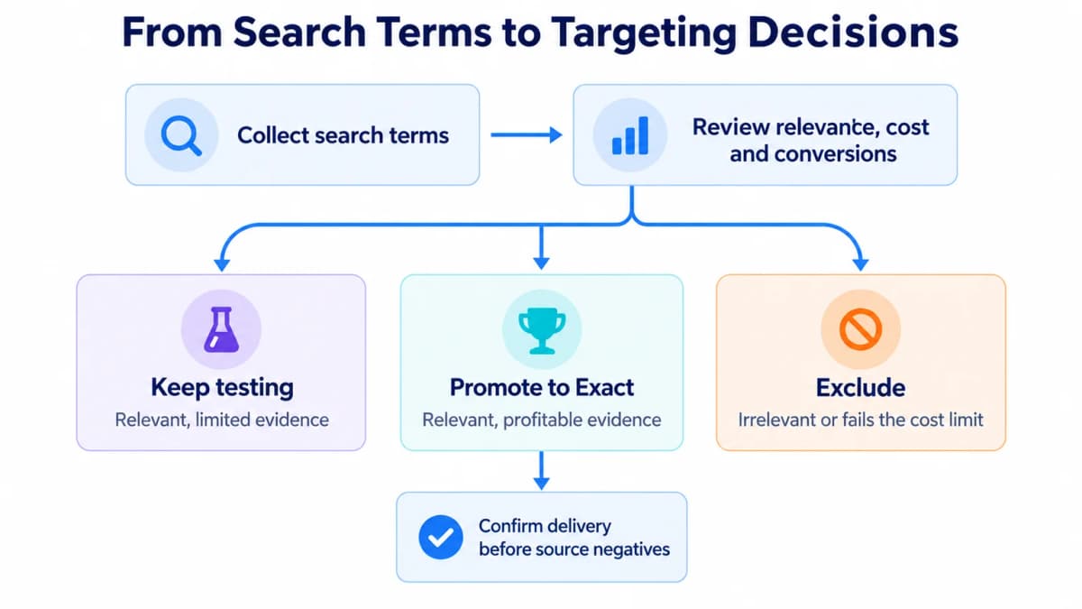 Search term review branches into testing, exact promotion, or exclusion, with delivery checked before source negatives