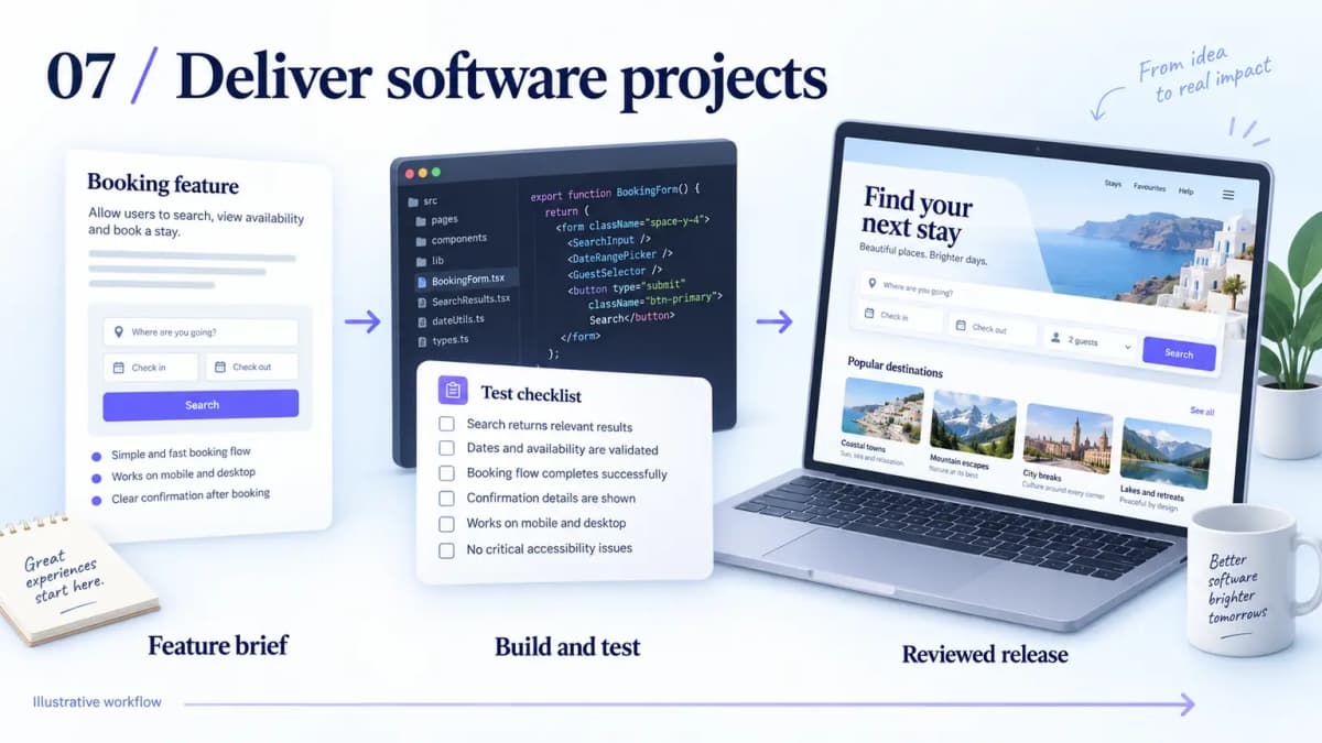 Illustrative software delivery workflow showing a feature brief, development and testing, and a reviewed booking app