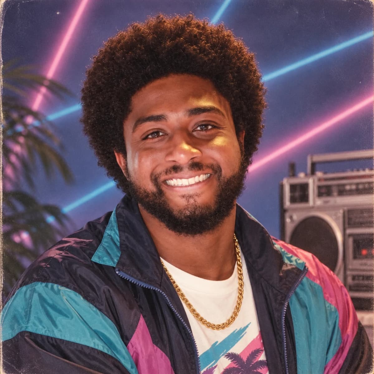 OpenAI prompt-sharing example showing a smiling man in a colorful 1980s-style portrait with neon lights
